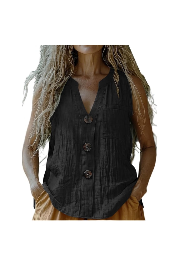 Women's Button Down Linen Cotton Tank Top V Neck Sleeveless Casual Vest Shirt with Pocket