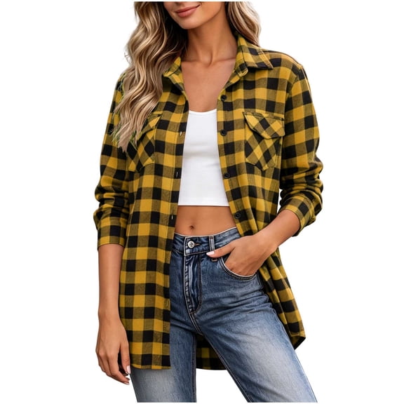 Yutgune Women's Button down Flannel Shirts Plaid Top with Pockets Long Sleeve Casual Blouses Loose Fit Tops Collared Fall Trendy