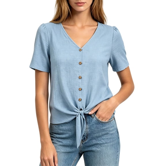 Yutgune Women's Button down Shirt Tie Front Short Sleeve Office Business Blouse Summer Casual Tops