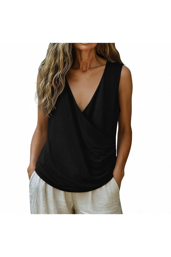 Women's Casual Linen Cotton Tank Top Sleeveless Wrap V Neck Ruched Loose Fit Summer Shirt
