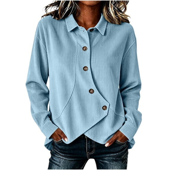 Yutgune Women’s Corduroy Button Up Top Long Sleeve Asymmetrical Front Collared Casual Blouse S-XXL