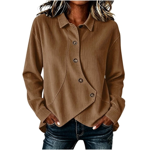 Yutgune Women’s Corduroy Button Up Top Long Sleeve Asymmetrical Front Collared Casual Blouse S-XXL