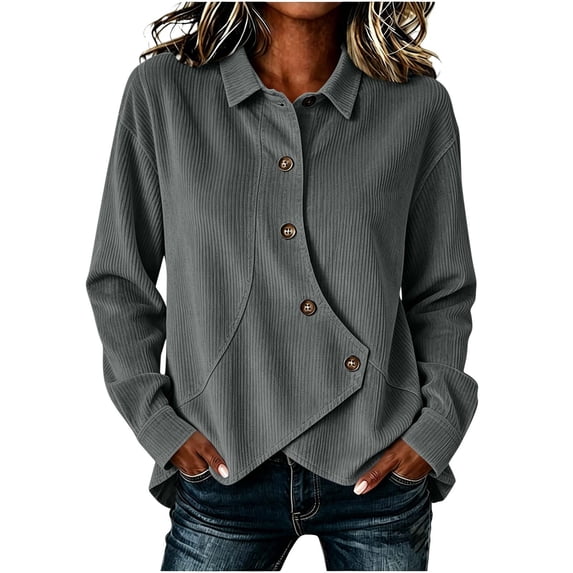 Yutgune Women’s Corduroy Button Up Top Long Sleeve Asymmetrical Front Collared Casual Blouse S-XXL