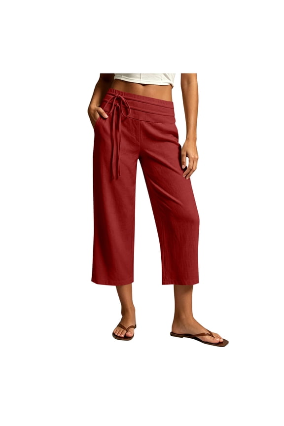 Women's Cotton Linen Capri Pants Elastic Waist Button Hem Casual Work