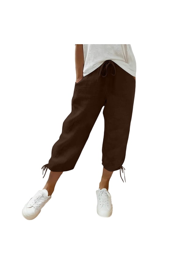 Women's Cotton Linen Capri Pants Elastic Waist Button Slit Casual Outdoor