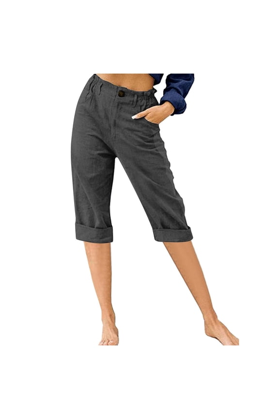 Women's Cotton Linen Capri Pants Elastic Waist Lace Cutout Cropped Vacation