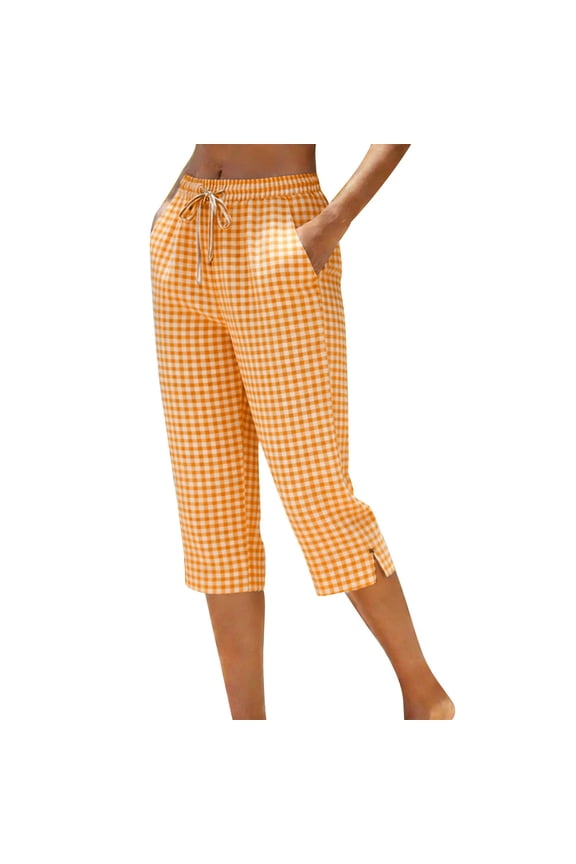 Women's Cotton Linen Capri Pants Elastic Waist Roll-Up Hem Cropped Casual