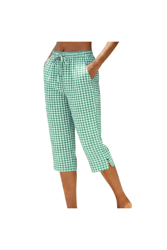 Women's Cotton Linen Capri Pants Elastic Waist Roll-Up Hem Cropped Casual