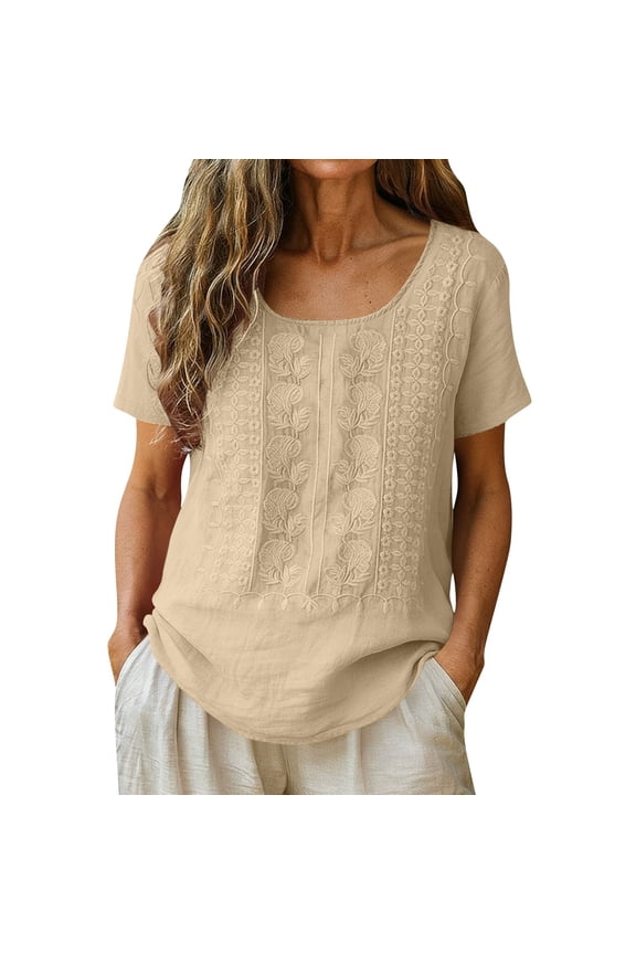 Women's Cotton Linen Crew Neck Embroidered Top Short Sleeve Floral Casual Blouse Summer Vacation Shirt , S-2xl