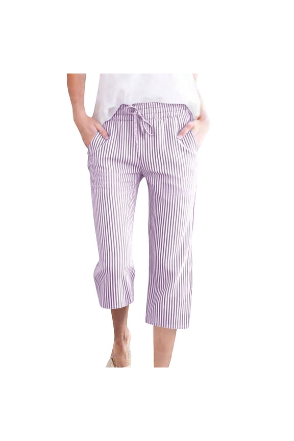 Women's Cotton Linen Plaid Wide Leg Capri Pants Cropped Casual Boho