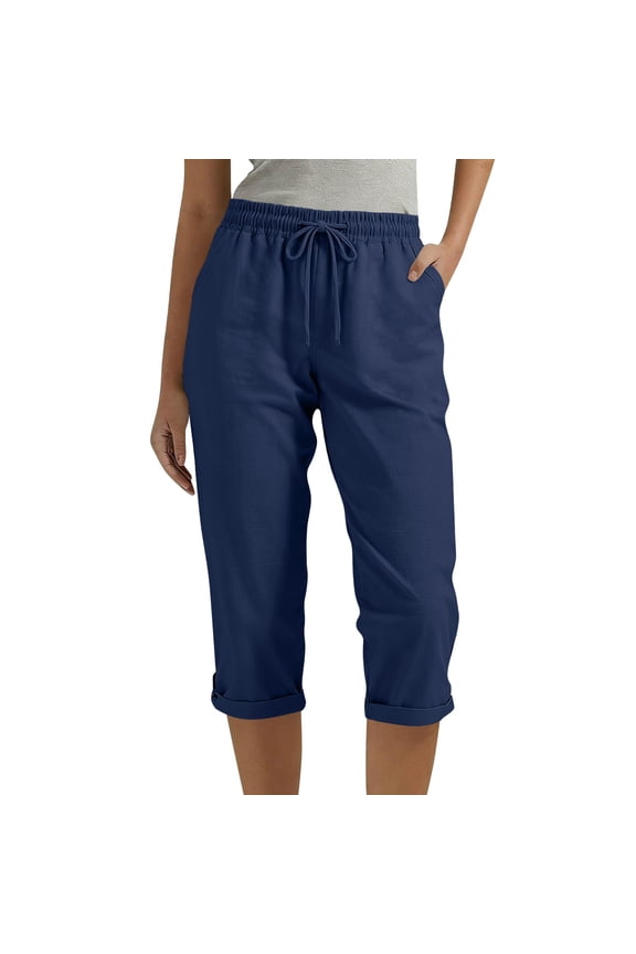 Women's Cotton Linen Tapered Capri Pants Elastic Waist Cropped Casual Work
