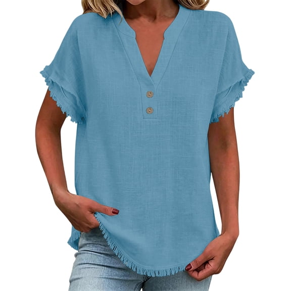 Yutgune Women's Cotton Linen V-Neck Fringe Trim Top Short Sleeve Casual Blouse Boho Summer Beach Vacation Clothes