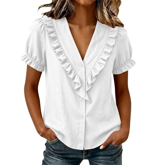 Yutgune Women's Cotton Linen V-Neck Top Short Puff Sleeve Ruffle Trim Button-Down Blouse Summer Casual Clothes