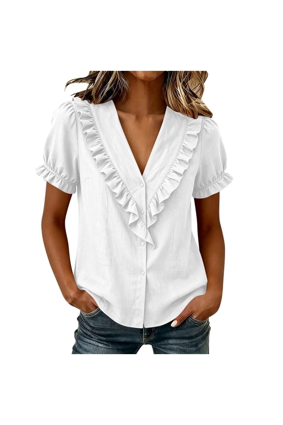 Women's Cotton Linen V-Neck Top Short Puff Sleeve Ruffle Trim Button-Down Blouse Summer Casual Clothes