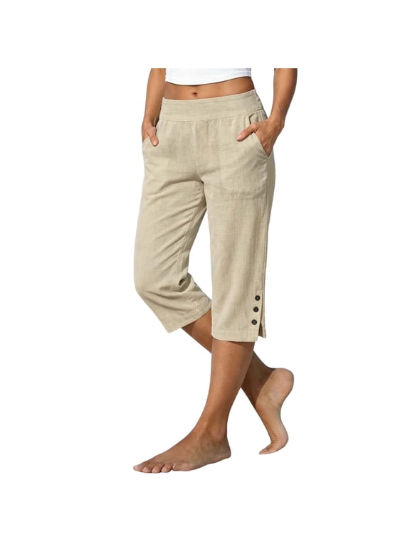 Women's Cotton Linen Wide Leg Capri Pants Split Hem Cropped Beach Casual