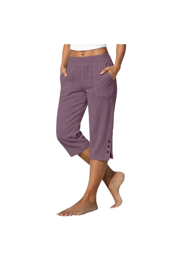Women's Cotton Linen Wide Leg Capri Pants Split Hem Cropped Beach Casual