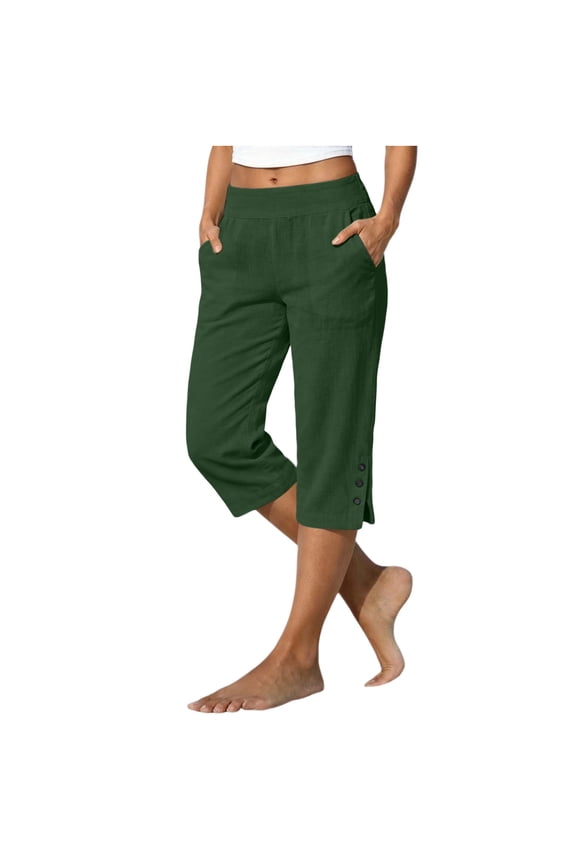 Women's Cotton Linen Wide Leg Capri Pants Split Hem Cropped Beach Casual
