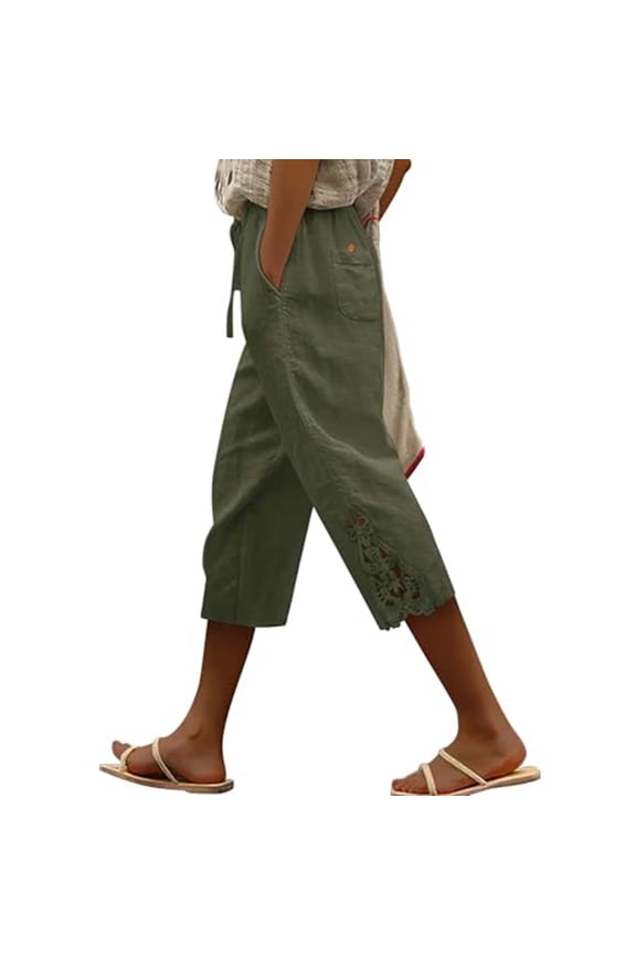Women's Cotton Linen Wide Leg Palazzo Capri Pants Tie Waist Beach Vacation
