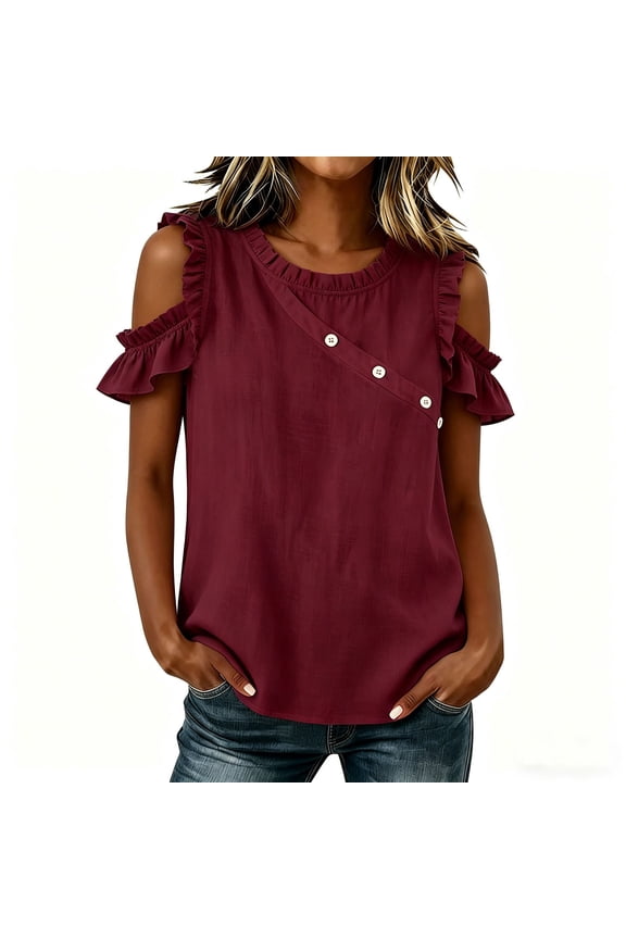 Women's Crew Neck Cold Shoulder Cotton Linen Top Short Sleeve Ruffle Trim Casual Blouse Button Embellishment