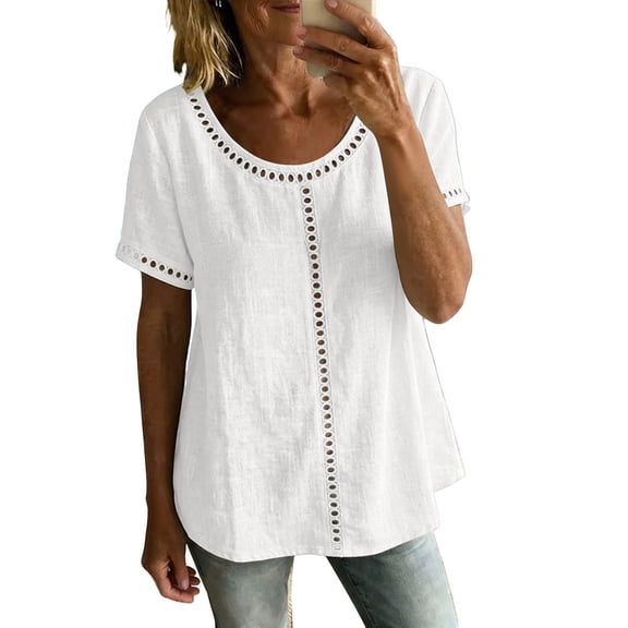 Yutgune Women's Crew Neck Eyelet Trim Cotton Linen Top Short Sleeve Casual Blouse Summer Solid-Color Clothes
