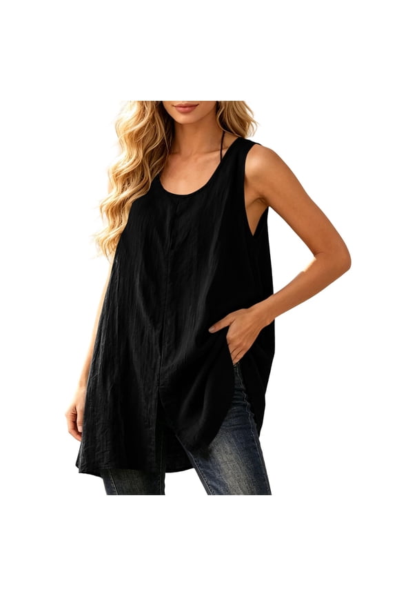 Women's Crew Neck Split Hem Linen Tank Top Sleeveless Casual Long Tunic Shirt for Leggings