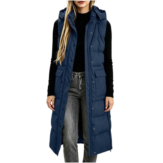 Yutgune Women's Extra Long Hooded Puffer Vest Zip Up Sleeveless Coat with Flap Pockets