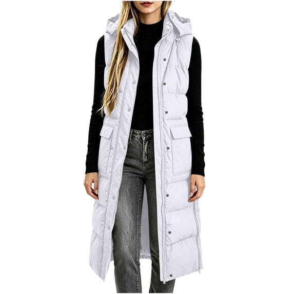 Yutgune Women's Extra Long Hooded Puffer Vest Zip Up Sleeveless Coat with Flap Pockets
