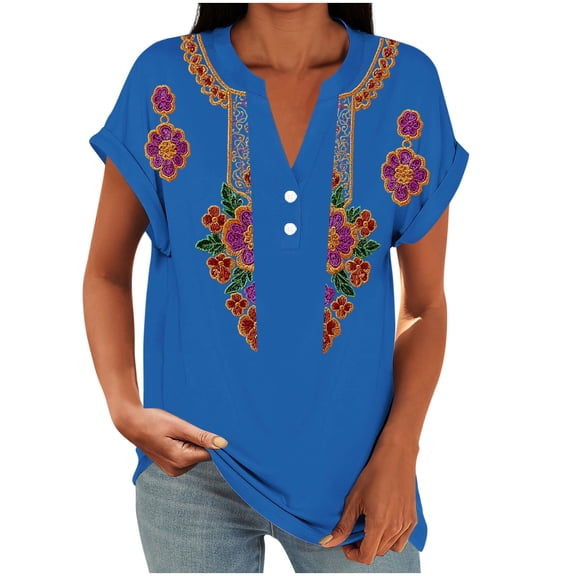 Yutgune Women's Fashion Printed V Neck Tops Button Front Shirts Casual Short Sleeve Summer Blouse