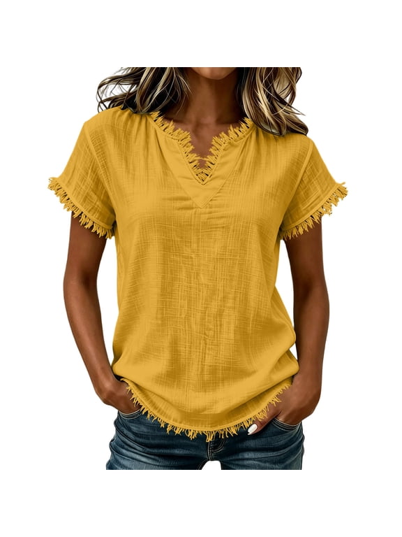 Women's Fringe Trim V-Neck Blouse Short Sleeve Solid Color Top Casual Summer and Everyday Wear, S-2XL