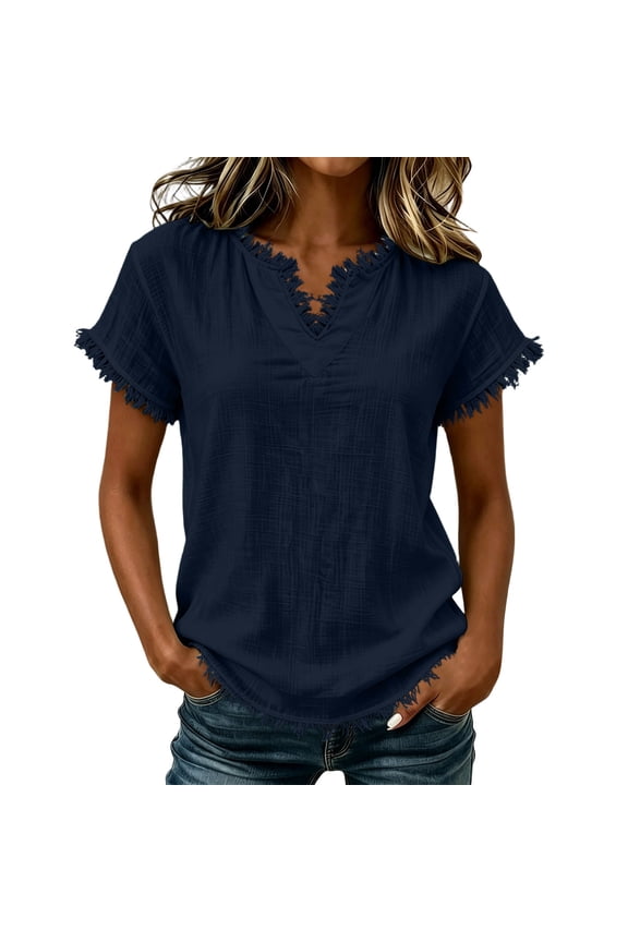Women's Fringe Trim V-Neck Blouse Short Sleeve Solid Color Top Casual Summer and Everyday Wear, S-2XL