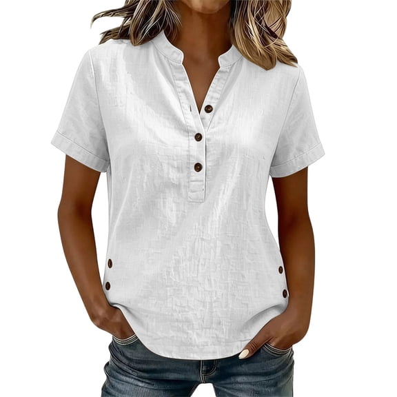 Yutgune Women's Henley Button-Down Blouse Short Sleeve Textured Casual Top with Side Buttons Everyday Summer Wear