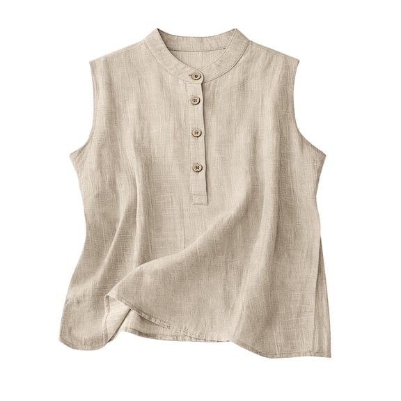 Yutgune Women's Henley Linen Cotton Tank Top Stand Collar Sleeveless Button Casual Summer Shirt