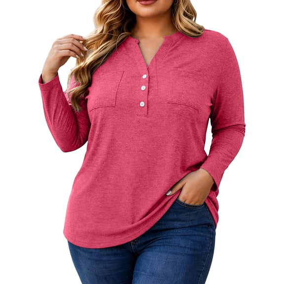 Yutgune Women's Plus Size Henley Shirt Long Sleeve Button Tops for Women Dual Chest Pocket Casual Tunic Blouse, L-5xl