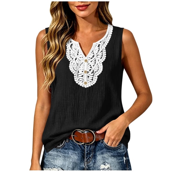 Yutgune Women's Lace V Neck Linen Cotton Tank Top Casual Sleeveless Button Down Blouse Shirt for Summer