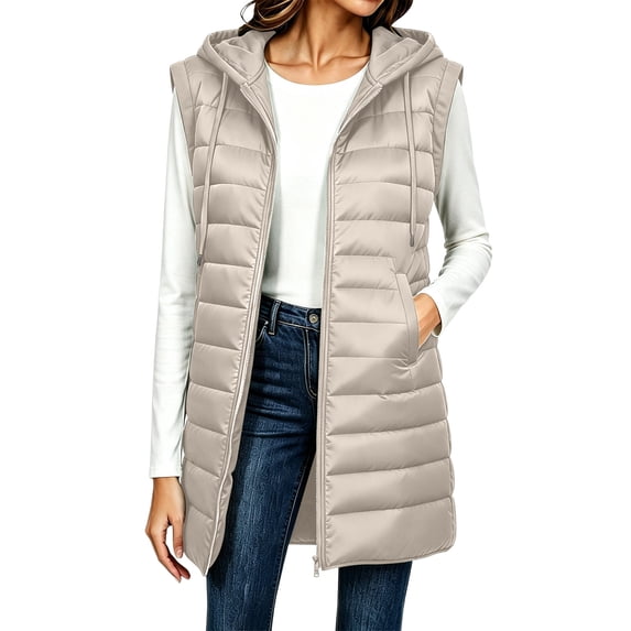 Yutgune Women's Long Hooded Puffer Vest Zip Up Sleeveless Jacket with Pockets Fall Winter
