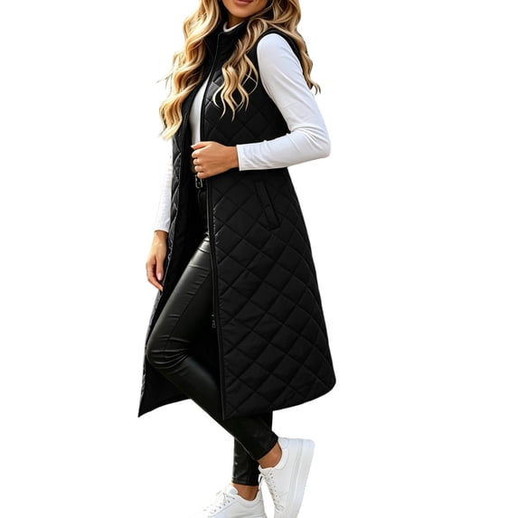 Yutgune Women's Long Quilted Vest Stand Collar Zip Up Sleeveless Jacket with Pockets