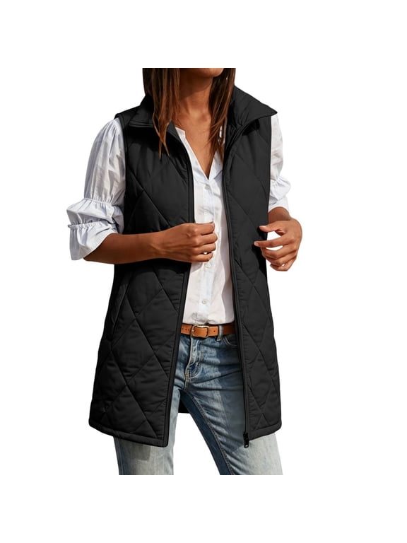Women's Long Quilted Vest Stand Collar Zip Up Sleeveless Jacket with Pockets