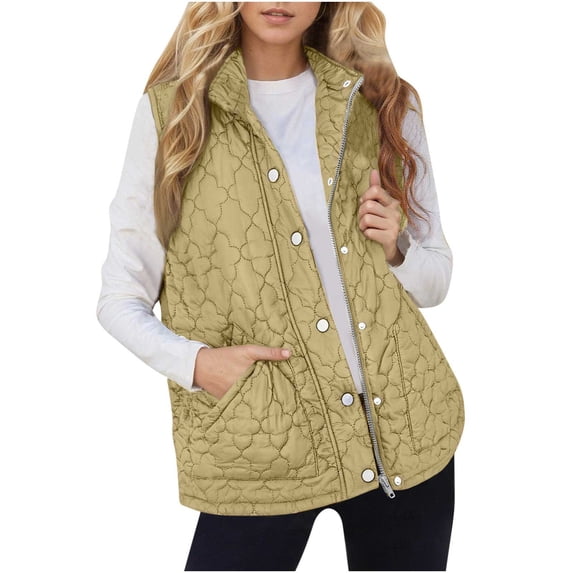 Yutgune Women's Long Quilted Vest Zip Up Snap Button Jacket with Pockets Fall Winter