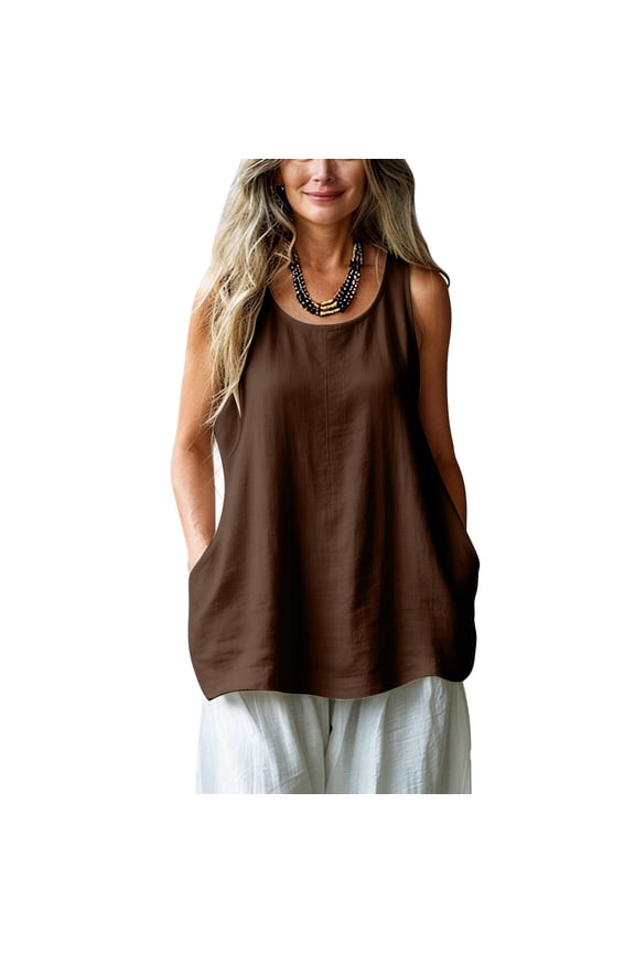 Women's Loose Fit Linen Cotton Tank Top Scoop Neck Sleeveless Casual Tunic Shirt with Pockets