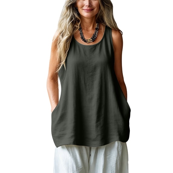 Yutgune Women's Loose Fit Linen Cotton Tank Top Scoop Neck Sleeveless Casual Tunic Shirt with Pockets