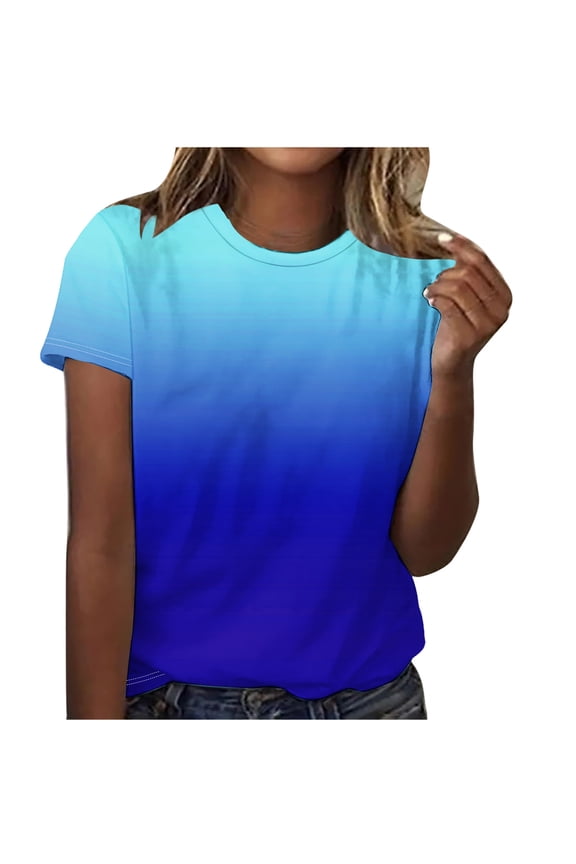 Women's Ombre Gradient T-Shirt Cotton Blend Crew Neck Short Sleeve Top with Stretch, Casual Daily and Summer Wear
