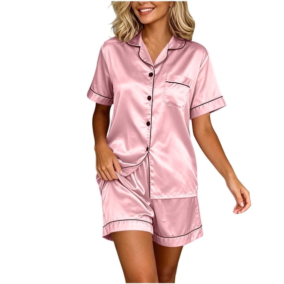 Yutgune Women's Satin Pajama Sets Pjs Sets For Women Satin Button Up Shirt Shorts Pajamas For Women Set M-XXL