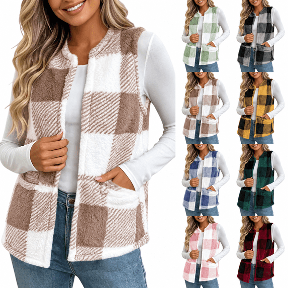 Yutgune Women's Plaid Sherpa Vest Open Front Sleeveless Fleece Jacket with Pockets Casual Fall Winter Outerwear