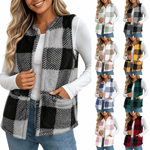 Yutgune Women's Plaid Sherpa Vest Open Front Sleeveless Fleece Jacket with Pockets Casual Fall Winter Outerwear