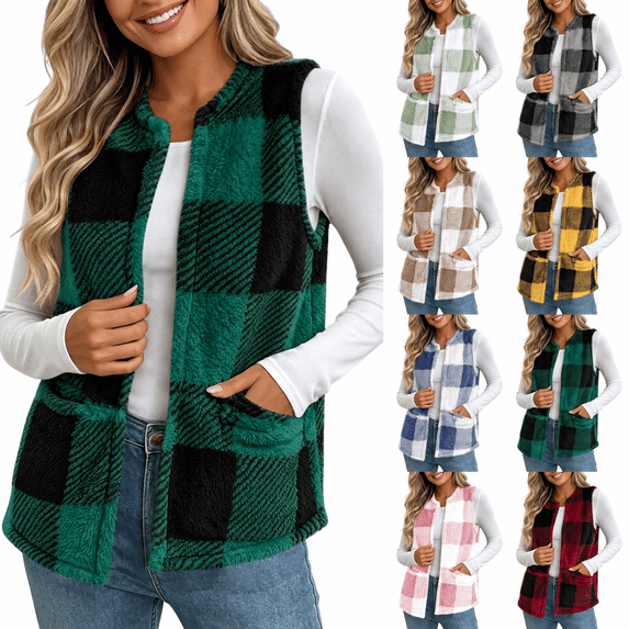 Yutgune Women's Plaid Sherpa Vest Open Front Sleeveless Fleece Jacket with Pockets Casual Fall Winter Outerwear
