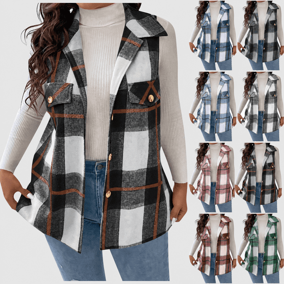 Yutgune Women's Plaid Vest Button Down Lapel Collar Sleeveless Jacket with Pockets Casual Longline Fall Winter Outerwear