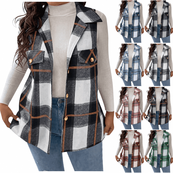 Yutgune Women's Plaid Vest Button Down Lapel Collar Sleeveless Jacket with Pockets Casual Longline Fall Winter Outerwear