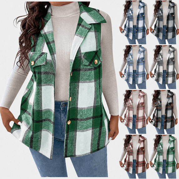 Yutgune Women's Plaid Vest Button Down Lapel Collar Sleeveless Jacket with Pockets Casual Longline Fall Winter Outerwear