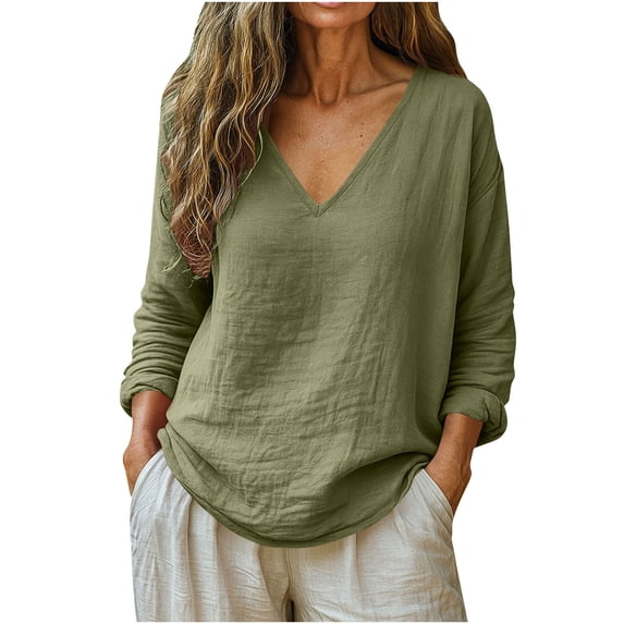 Yutgune Women's Plus Size Cotton Linen V-Neck Blouse Long Sleeve Loose Fit Casual Pullover Shirt Top