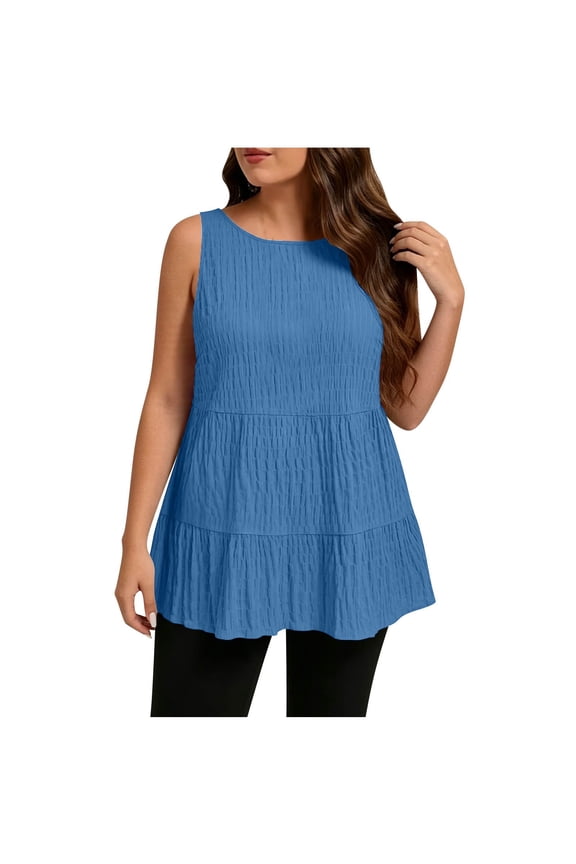 Women's Plus Size Sleeveless Tunic Top Round Neck Tiered Loose Summer Blouse